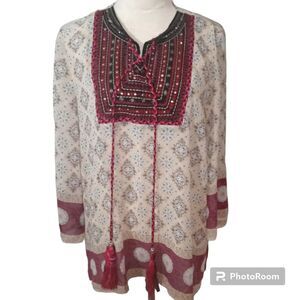 Faith & Joy Women's Cream and Burgundy Blouse